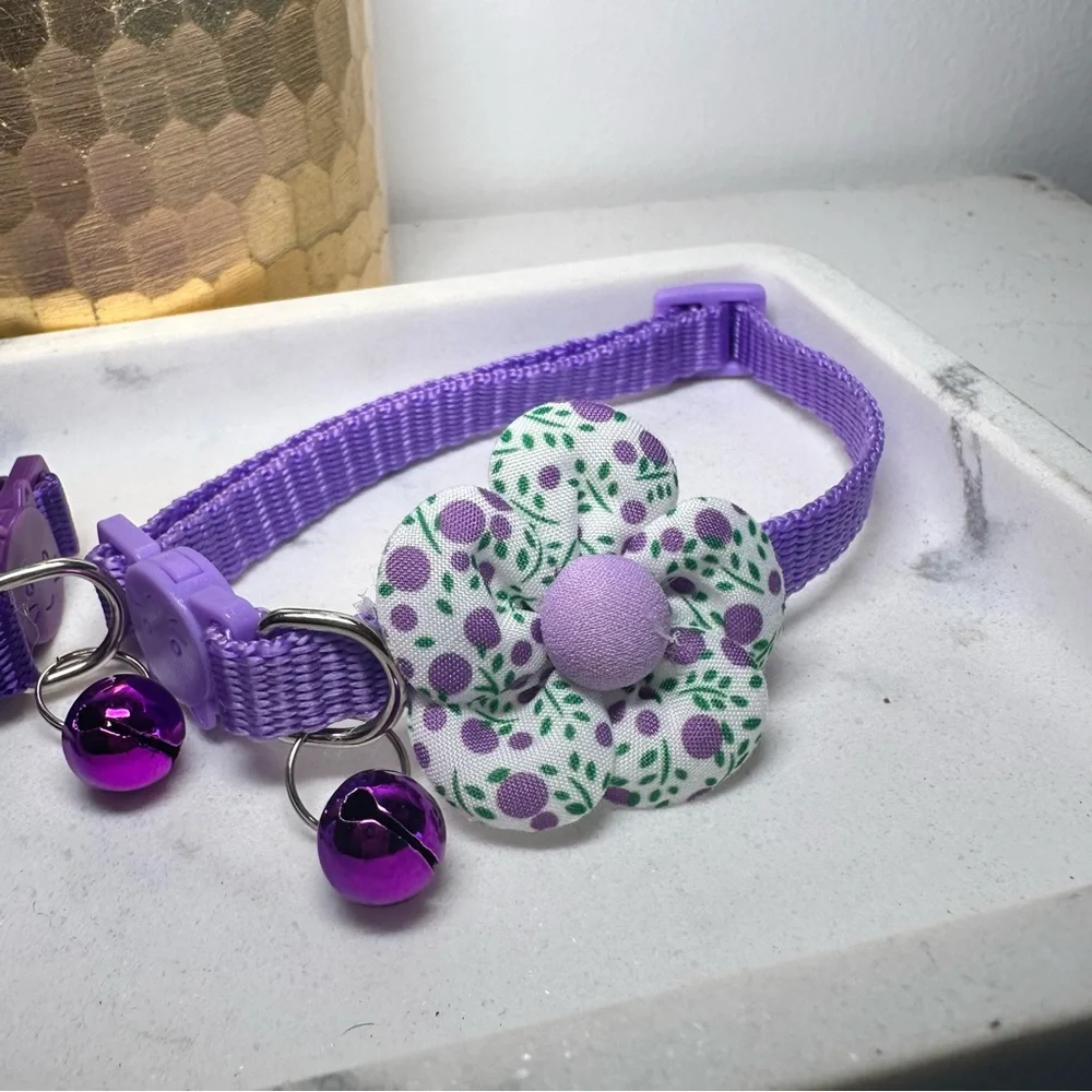 Purple and White Cat Collar Set with Bell Bow and Flower
